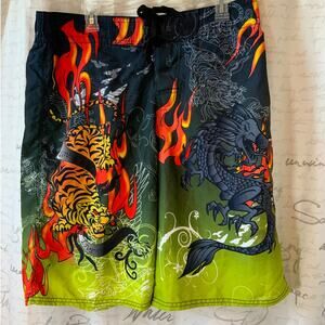 Free Spirit Y2K Dragon Tiger Tattoo Board Shorts XL Ed Hardy Style